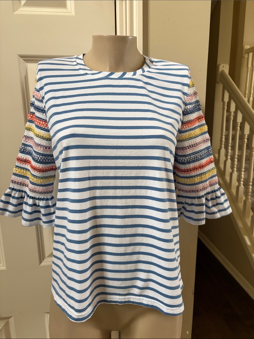 Current Air Blue & White Striped Tee with Multicolor Smocked Ruffle Sleeves, lg